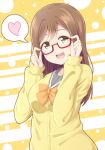  :d adjusting_eyewear bangs bow bowtie brown_hair cardigan chiro_(bocchiropafe) commentary_request glasses heart highres kunikida_hanamaru long_hair long_sleeves looking_at_viewer love_live! love_live!_sunshine!! open_mouth orange_neckwear red-framed_eyewear school_uniform semi-rimless_eyewear serafuku smile solo spoken_heart under-rim_eyewear upper_body uranohoshi_school_uniform yellow_cardigan yellow_eyes 