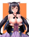  animal_ears areolae black_hair black_neckwear black_ribbon blush breasts breasts_outside brooch cat_ears cleavage closed_mouth collarbone corset frilled_sleeves frills gem highres jewelry kyaru_(princess_connect) large_areolae large_breasts lips long_hair long_sleeves looking_at_viewer low_twintails multicolored_hair neck_ribbon nipples obaoba_(monkeyix) off_shoulder open_clothes orange_background outside_border princess_connect! princess_connect!_re:dive purple_skirt ribbon simple_background skirt smile solo streaked_hair twintails upper_body very_long_hair white_background wide_sleeves 