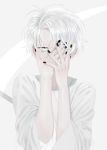  alternate_costume androgynous cairngorm_(houseki_no_kuni) covering_face frost_fog green_background grey hands_on_own_face houseki_no_kuni japanese_clothes looking_at_viewer short_hair silver_hair sleepwear solo upper_body white white_eyes white_hair 