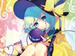  abstract_background aqua_hair bangs black_hat blue_eyes blush bow bowler_hat closed_mouth crying crying_with_eyes_open eyebrows_visible_through_hair feet_out_of_frame frilled_sleeves frills hat hat_bow heart heart_of_string highres hinasumire knees_up komeiji_koishi long_sleeves looking_at_viewer medium_hair sitting smile solo stitches tareme tears touhou yellow_bow 