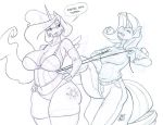  2018 anthro anthrofied big_breasts breasts clenched_teeth clothed clothing corset cutie_mark dialogue duo english_text equine eyes_closed female friendship_is_magic hair hands_on_hips horn lingerie long_hair mammal monochrome my_little_pony princess_celestia_(mlp) rarity_(mlp) teeth text unicorn winged_unicorn wings zwitterkitsune 