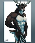  2018 abs anthro antlers biceps black_nose blue_eyes blush brown_hair brown_skin butt cervine convenient_censorship eyebrows feralise hair hand_behind_back horn looking_aside male mammal markings multicolored_skin muscular muscular_male muscular_thighs neck_tuft nipples nude pose short_tail side_view simple_background smile solo standing tuft two_tone_skin white_skin 