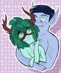  adventure_time antlers black_hair blush body_hair cartoon_network chest_hair crossgender demon duo eye_mask fangs green_eyes green_sclera green_skin grin hair horn hug hunson huntress_wizard leaf leaf_hair lythweird male male/male nude one_eye_closed pointy_ears short_hair smile wink 