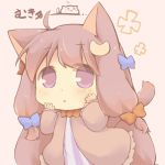  ahoge animal_ears bow cat cat_ears catchouli chestnut_mouth chibi commentary crescent eyebrows_visible_through_hair eyes_visible_through_hair hazuki_ruu long_hair mukyuu patchouli_knowledge purple_eyes purple_hair solo tail touhou 
