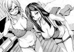  2girls :d bed blush bra breasts clothes_removed collarbone commentary_request glasses greyscale highres large_breasts long_hair looking_at_viewer monochrome multiple_girls open_mouth original panties panty_pull pulled_by_self smile tachibana_omina underwear underwear_only undressing 
