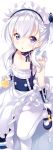  azur_lane belchan_(azur_lane) belfast_(azur_lane) blue_eyes chestnut_mouth collarbone commentary_request ears flat_chest gloves highres lavender_hair maid maid_headdress mayuzaki_yuu one_side_up pantyhose solo white_background white_legwear younger 