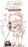  :3 :d alpaca_ears alpaca_suri_(kemono_friends) alpaca_tail animal_ears blush closed_eyes commentary corded_phone fur_trim gameplay_mechanics hair_over_one_eye holding holding_phone kemono_friends kemono_friends_pavilion long_sleeves neck_ribbon open_mouth pantyhose phone red_neckwear red_ribbon ribbon shirt shoes short_shorts shorts smile solo standing tail tanaka_kusao translated vest white_legwear 