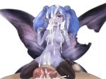  1boy 1girl bandage bandage_over_eye black_legwear blue_hair cum cum_on_body facial fairy koonago minigirl mon-musu_quest! navel nipples penis pointy_ears pov titania_(mon-musu_quest!) tongue tongue_out topless torn_wings twintails un_do undead wings 