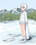  :&lt; animal_ears black_eyes commentary_request day ermine extra_ears highres kemono_friends long_hair long_sleeves looking_away miniskirt mountain mountainous_horizon nature necktie outdoors rumenia_(ao2is) shirt shoes skirt snow socks solo standing stoat stoat_(kemono_friends) stoat_ears stoat_tail white white_cardigan white_footwear white_hair white_legwear white_neckwear white_shirt white_skirt winter 