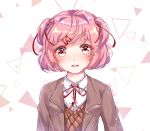  blush commentary doki_doki_literature_club eyes_visible_through_hair hair_ornament hair_ribbon hairclip jacket looking_at_viewer natsuki_(doki_doki_literature_club) orange_sweater_vest parted_lips pink_eyes pink_hair red_ribbon ribbon ronpu_cooing school_uniform shirt short_hair simple_background solo sweater_vest triangle two_side_up upper_body v-neck white_shirt 