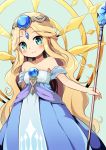  bare_shoulders blonde_hair blue_dress character_request commentary_request diadem dress eyebrows_visible_through_hair gem green_eyes long_hair looking_at_viewer maplestory maplestory_2 nekono_rin simple_background smile solo staff strapless strapless_dress very_long_hair 