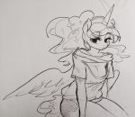  anthro anthrofied breasts cleavage clothed clothing equine feathered_wings feathers female friendship_is_magic glacierclear grey_background horn looking_at_viewer mammal monochrome my_little_pony princess_luna_(mlp) shirt simple_background sitting solo winged_unicorn wings 