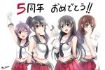  :d ;d agano_(kantai_collection) anniversary antenna_hair black_hair blue_eyes braid brown_hair commentary_request gloves green_eyes grey_hair kantai_collection long_hair looking_at_viewer multiple_girls navel noshiro_(kantai_collection) one_eye_closed open_mouth pleated_skirt ponytail purple_eyes red_eyes sakawa_(kantai_collection) school_uniform serafuku short_hair simple_background single_braid skirt smile the-sinner translation_request waving white_background white_gloves yahagi_(kantai_collection) 