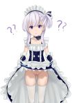  1girl ? azur_lane belfast_(azur_lane) blue_eyes bow djloops dress dress_lift eyebrows_visible_through_hair female lifted_by_self maid no_panties pussy simple_background solo standing thighhighs uncensored white_background white_hair white_legwear 