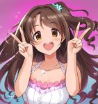  bangs blush breasts brown_eyes brown_hair cleavage collarbone commentary_request double_v dress eyebrows_visible_through_hair flower gradient gradient_background hair_flower hair_ornament half_updo idolmaster idolmaster_cinderella_girls jewelry long_hair medium_breasts natsuya necklace one_side_up open_mouth shimamura_uzuki smile solo sparkle v wavy_hair white_dress 