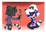  &lt;3 anthro bandage blush bottomless bow_tie breasts character_request chi-chi_lemur cleavage clothed clothing featureless_crotch female flower furcollector hybrid lemur male male/female mammal pandafox_(species) panisha plant ponytail_hair primate romantic_couple rose thorns 