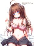  ahoge blue_eyes bra breasts brown_hair choker cleavage kantai_collection kongou_(kantai_collection) large_breasts nanoha-h navel no_pants no_shirt off_shoulder pink_bra solo star strap_pull translation_request underwear unfastened 
