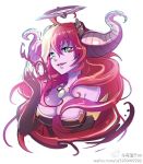  :d bare_shoulders black_gloves blush_stickers breasts chinese cleavage demon_girl demon_horns elbow_gloves gloves green_eyes hair_between_eyes halo hand_up hera_(p&amp;d) horns jewelry large_breasts long_hair looking_at_viewer magic necklace open_mouth purple_skin puzzle_&amp;_dragons red_hair sibyl sketch smile solo upper_body weibo_id white_background 