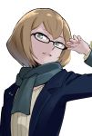  :d adjusting_eyewear bespectacled blue_jacket brown_hair glasses jacket niina_ryou open_clothes open_jacket open_mouth princess_principal scarf short_hair simple_background smile solo white_background zelda_(princess_principal) 