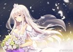  azur_lane bouquet breasts bride cleavage closed_mouth crown detached_collar dress enterprise_(azur_lane) feathers floating_hair flower jewelry large_breasts long_hair looking_at_viewer necklace pink_hair purple_eyes rose sibyl smile solo standing veil wedding_dress weibo_username white_dress white_flower white_rose 