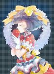  apple blush bow closed_eyes crown eyebrows_visible_through_hair food frills fruit gloves original profile puffy_short_sleeves puffy_sleeves purple_hair red_bow short_sleeves sibyl skirt solo weibo_username white_gloves 