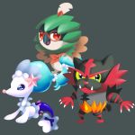  ambiguous_gender decidueye grey_background incineroar mundell nintendo pok&eacute;mon pok&eacute;mon_(species) primarina simple_background video_games 