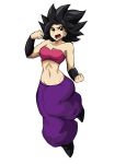  1girl artist_request bare_shoulders black_eyes black_hair breasts caulifla dragon_ball dragon_ball_super female from_side full_body harem_pants large_breasts looking_at_viewer midriff navel pants simple_background smile solo spiked_hair strapless tubetop wristband 