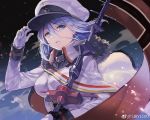  azur_lane blue_eyes blue_hair breasts earrings eyebrows_visible_through_hair flag gloves hair_between_eyes hand_on_headwear hat holding jewelry large_breasts long_hair long_sleeves looking_at_viewer military military_uniform parted_lips peaked_cap sibyl snow solo tirpitz_(azur_lane) uniform weibo_username white_gloves white_hat 