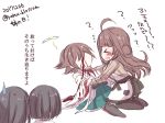  &gt;_&lt; ahoge apron black_hair blood bloody_clothes blush brown_hair casual chibi epic_nosebleed flying_sweatdrops giving_up_the_ghost haruna_(kantai_collection) hiei_(kantai_collection) kantai_collection kirishima_(kantai_collection) kneeling kongou_(kantai_collection) long_hair multiple_girls nanoha-h nontraditional_miko nosebleed short_hair sketch skirt sweatdrop translation_request wide_sleeves 