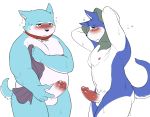  2018 blush canine cold_sweat collar dog duo handjob humanoid_penis male male/male mammal masturbation obese overweight penis sex sheeporwolf simple_background sweat towel white_background 