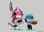  1girl ;d \m/ asaya_minoru bangs black_footwear blue_hair blue_neckwear blue_pants blue_vest book boots bow bowtie commentary_request crossed_arms curled_horns detached_sleeves dragon_girl dragon_horns dragon_tail elizabeth_bathory_(fate) elizabeth_bathory_(fate)_(all) eyebrows_visible_through_hair fang fate/extra fate/extra_ccc fate_(series) glasses grey-framed_eyewear grey_background hair_between_eyes hair_ribbon hand_up hans_christian_andersen_(fate) heart holding holding_spear holding_weapon horns knee_boots long_hair long_sleeves one_eye_closed open_book open_mouth pants plaid plaid_skirt pleated_skirt polearm purple_ribbon quill ribbon sarkany_csont_landzsa shirt skirt sleeveless sleeveless_shirt smile spear spiked_boots spikes standing standing_on_one_leg striped striped_shirt tail twitter_username two_side_up underbust very_long_hair vest weapon white_footwear white_shirt 
