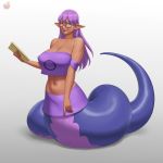  2017 animal_humanoid bare_shoulders big_breasts breasts cleavage clothed clothing dark_skin eyebrows eyelashes eyewear female glasses hair hi_res holding_object huge_breasts humanoid lamia looking_at_viewer lvl midriff monster_girl_(genre) navel pointy_ears purple_hair reptile scalie skirt slit_pupils snake solo split_form 
