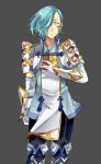  blue_hair fire_emblem fire_emblem_if gloves grey_background hair_over_one_eye highres japanese_clothes looking_at_viewer male_focus shigure_(fire_emblem_if) simple_background smile solo 