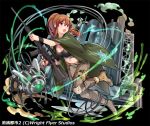  belt black_background black_bra boots bra breasts brown_hair cable cape cleavage fingernails glowing green_cape grey_pants gun hair_between_eyes holding holding_gun holding_weapon jumping knee_pads large_breasts long_hair midriff navel official_art open_mouth pants ponytail pop_kyun pouch purple_eyes rifle robot scope shoumetsu_toshi_2 simple_background sniper_rifle solo underwear watermark weapon wristband 