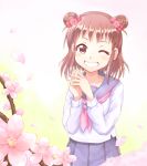  ;d blush bow brown_hair cherry_blossoms cowgirl_position double_bun flat_chest flower gradient gradient_background greave_(asterism) grin hair_bow idolmaster idolmaster_cinderella_girls long_sleeves looking_at_viewer munakata_atsumi neckerchief one_eye_closed open_mouth own_hands_together pink_bow pink_flower pink_neckwear pleated_skirt purple_eyes purple_sailor_collar purple_skirt sailor_collar school_uniform serafuku shirt short_hair skirt smile solo spring_(season) standing standing_on_one_leg straddling tareme teeth tree_branch white_shirt yellow_background 