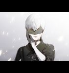  absurdres android belt black_blindfold black_choker black_jacket blindfold choker commentary_request covered_eyes feather-trimmed_sleeves highres jacket kazari_tayu nier_(series) nier_automata tears vambraces white_hair yorha_no._9_type_s 
