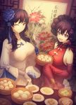  bamboo_steamer bangs baozi bare_shoulders black_hair blue_flower bow breasts brown_eyes china_dress chinese_clothes chopsticks detached_sleeves dim_sum double_bun dress dumpling elbow_gloves fan fingerless_gloves flower food girls_frontline gloves gooster hair_between_eyes hair_bun hair_flower hair_ornament hair_ribbon highres holding holding_chopsticks jiaozi large_breasts left-handed long_hair multiple_girls one_eye_closed open_mouth painting plate qbz-95_(girls_frontline) qbz-97_(girls_frontline) red_dress ribbon shumai_(food) siblings sidelocks sisters sleeves_past_fingers sleeves_past_wrists smile white_dress 