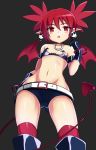  alice360 bare_shoulders boots bracelet collar commentary_request demon_girl demon_tail demon_wings disgaea disgaea_d2 earrings etna flat_chest from_below gloves hand_on_hip highres jewelry navel pointy_ears red_hair red_wings short_shorts short_twintails shorts skull_earrings slit_pupils tail thighhighs thighhighs_under_boots twintails wings 