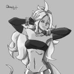  1girl abs android_21 bandeau bracelet choker collarbone crop_top detached_sleeves deviantart_sample dragon_ball dragon_ball_fighterz dragon_ball_super image_sample jewelry jojo_no_kimyou_na_bouken jojo_pose lavender_hair majin_android_21 messy_hair monochrome navel pose smile solo stomach tail teeth 