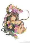 all_fours animal_ears anklet bangs barefoot bastet_(p&amp;d) black_hair black_skirt blunt_bangs braid cat_ears cat_tail closed_mouth dark_skin foreshortening glint green_eyes headgear highres jewelry long_hair looking_at_viewer microskirt necklace paw_pose puzzle_&amp;_dragons sibyl simple_background skirt smile solo tail tail_raised watermark web_address weibo_id weibo_username white_background 