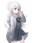  black_legwear cowboy_shot grey_jacket grey_skirt hair_twirling hand_in_pocket hand_up jacket long_hair looking_to_the_side original pale_skin red_eyes ringozaka_mariko school_uniform skirt solo standing very_long_hair white_hair 