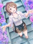  :d black_footwear breasts brown_eyes brown_hair brown_shorts clothes_around_waist dated flower from_above hair_ribbon highres hydrangea ilog long_hair looking_at_viewer medium_breasts official_art open_mouth purple_ribbon rain ribbon shirt shorts smile solo stairs standing uchida_masahiro very_long_hair watermark wet white_shirt 