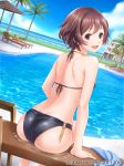  :d ass back bare_shoulders beach_chair bikini black_bikini blue_sky brown_eyes brown_hair building chair dated day dutch_angle fence highres ilog looking_back official_art open_mouth outdoors palm_tree pool short_hair sitting sky smile solo swimsuit towel tree uchida_masahiro watermark wet 