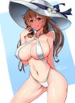  absurdres bangs bikini breasts brown_hair cleavage collarbone commentary_request eyebrows_visible_through_hair girls_frontline green_eyes hat highres kirochef large_breasts long_hair looking_at_viewer m1903_springfield_(girls_frontline) navel one-piece_swimsuit slingshot_swimsuit solo sun_hat swimsuit white_bikini 