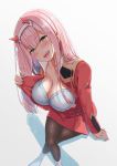  absurdres bangs blush bra breasts darling_in_the_franxx eyebrows_visible_through_hair fangs hairband highres horns izure_(pixiv16392012) large_breasts long_hair open_clothes open_shirt pantyhose pilot_suit pink_hair solo underwear white_bra white_hairband zero_two_(darling_in_the_franxx) 