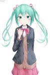 absurdres bangs black_jacket blazer blush bow bowtie brown_cardigan closed_mouth collared_shirt commentary_request eyebrows_visible_through_hair green_eyes green_hair hair_between_eyes hamayuu_(litore) hand_up hatsune_miku highres jacket long_hair long_sleeves open_blazer open_clothes open_jacket pink_neckwear pink_skirt school_uniform shirt sidelocks simple_background skirt smile solo twintails twitter_username very_long_hair vocaloid white_background white_shirt 