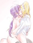  arms_around_waist ayase_eli black_legwear blonde_hair blush bottomless closed_eyes collarbone e_len ear_licking groin highres licking long_hair love_live! love_live!_school_idol_project multiple_girls no_panties nude partially_undressed ponytail purple_hair sitting sitting_on_lap sitting_on_person sweat thighhighs toujou_nozomi trembling white_background yuri 