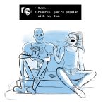  bone clothing duo eye_patch eyewear female fish kaiser44 male marine papyrus_(undertale) shirt skeleton tank_top text undertale undyne video_games 