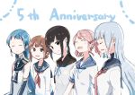  anchor_symbol anniversary black_hair blue_hair brown_hair closed_eyes commentary_request elbow_gloves english fubuki_(kantai_collection) gloves hair_ribbon inazuma_(kantai_collection) kantai_collection long_hair long_sleeves looking_at_viewer mikiki multiple_girls murakumo_(kantai_collection) open_mouth pink_hair remodel_(kantai_collection) ribbon sailor_collar samidare_(kantai_collection) sazanami_(kantai_collection) short_sleeves silver_hair sleeveless smile upper_body white_background 
