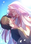  1girl bangs black_hair closed_eyes couple darling_in_the_franxx hand_on_another's_cheek hand_on_another's_face happy hetero hiro_(darling_in_the_franxx) horns long_hair open_mouth petals pink_hair rochika_(ya_y_a_ya) short_hair smile veil zero_two_(darling_in_the_franxx) 
